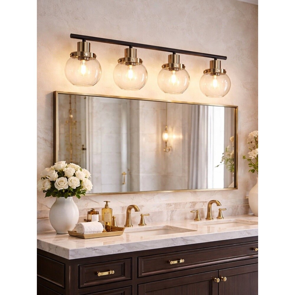 4-Light Black & Gold Bathroom Vanity Light with Clear Globe Glass Shades